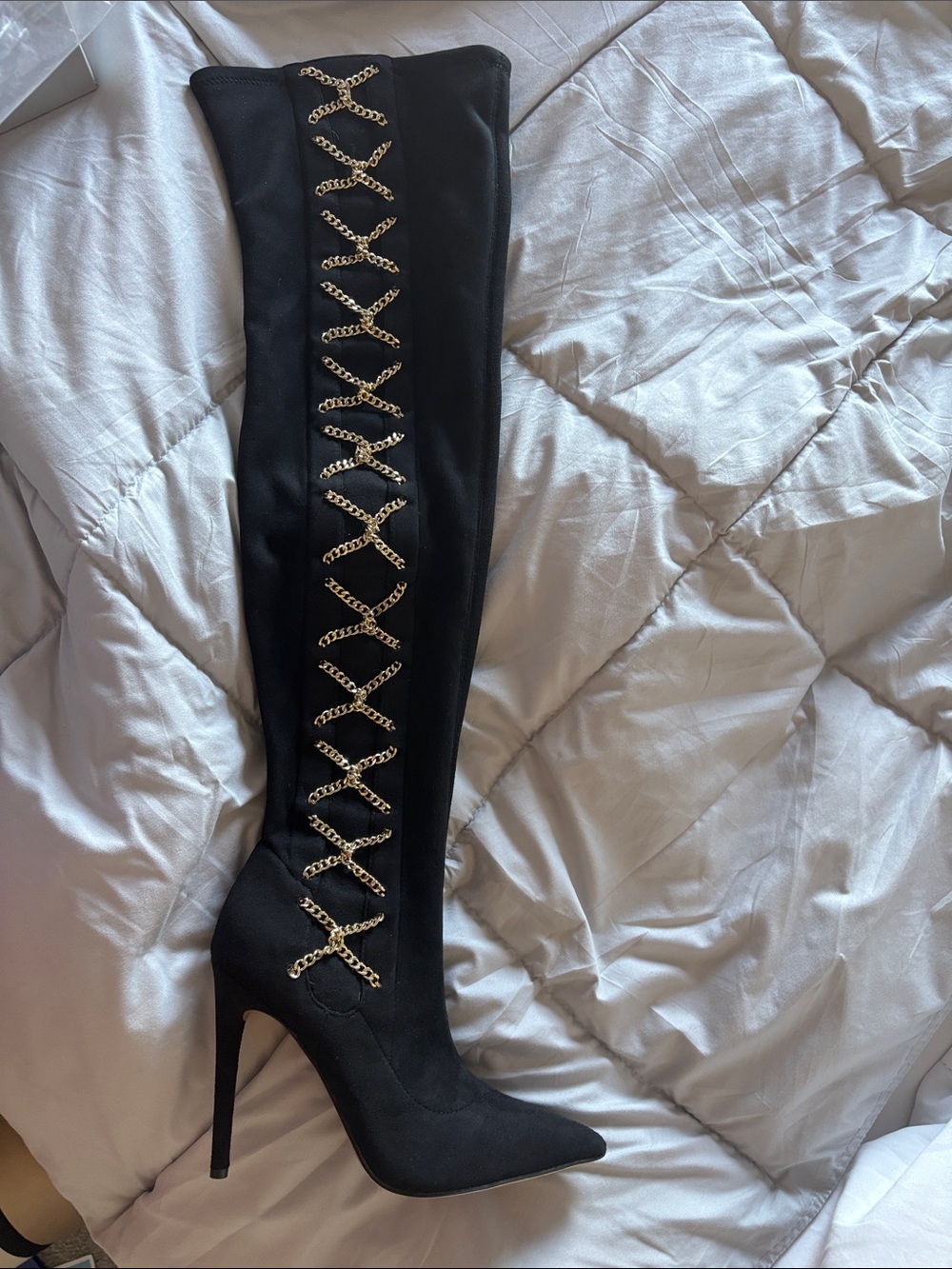 Jennifer Lopez Black Over-the-Knee Stiletto Boots with Gold Chain Cross-Lace - Picture 5 of 6